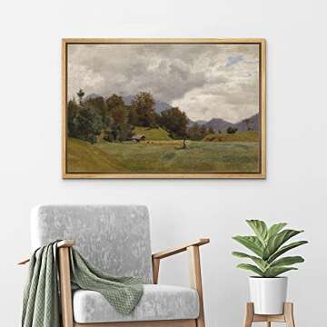 wall26 Framed Canvas Print Wall Art Retro Countryside Village Forest Field Nature Wilderness Illustrations Fine Art Decorative Landscape Relax/Calm for Living Room, Bedroom, Office - 16"x24" Natural