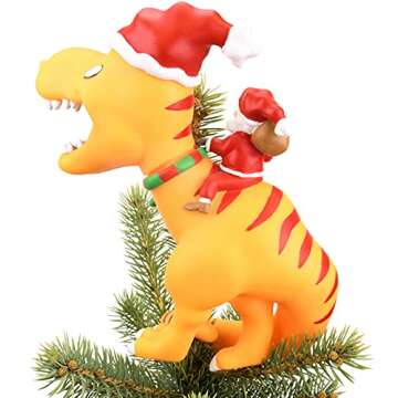 Tree Buddees Santa Riding a T-Rex Funny Christmas Tree Topper - Large 10"