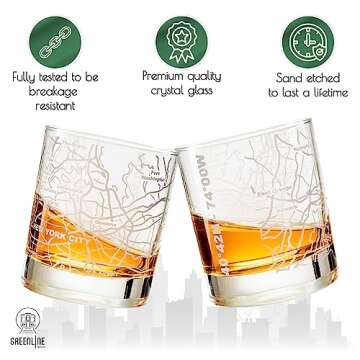 Greenline Goods Whiskey Glasses - 10 Oz Tumbler for New York Lovers (Single Glass) - Etched with New York Map - Old Fashioned Rocks Glass
