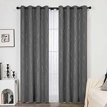 Deconovo Blackout Grommet Silver Pattern Printed Curtains, Grey, 52W x 84L