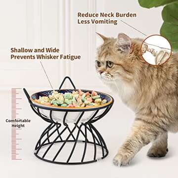 Raised Ceramic Cat Food Bowl - Elevated Cat Dish with Anti Slip Stand - Wide Shallow Cat Bowl Whisker Friendly - Cute Cat Plate - Cat Feeding Bowls - Microwave and Dishwasher Safe - 8.5 oz - 5.75 inch