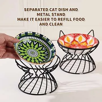 Raised Ceramic Cat Food Bowl - Elevated Cat Dish with Anti Slip Stand - Wide Shallow Cat Bowl Whisker Friendly - Cute Cat Plate - Cat Feeding Bowls - Microwave and Dishwasher Safe - 8.5 oz - 5.75 inch