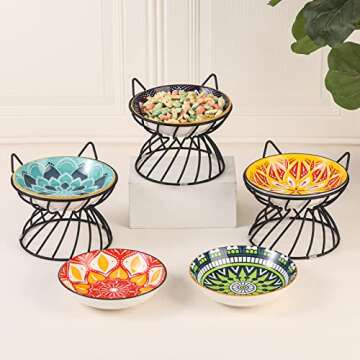 Raised Ceramic Cat Food Bowl - Elevated Cat Dish with Anti Slip Stand - Wide Shallow Cat Bowl Whisker Friendly - Cute Cat Plate - Cat Feeding Bowls - Microwave and Dishwasher Safe - 8.5 oz - 5.75 inch
