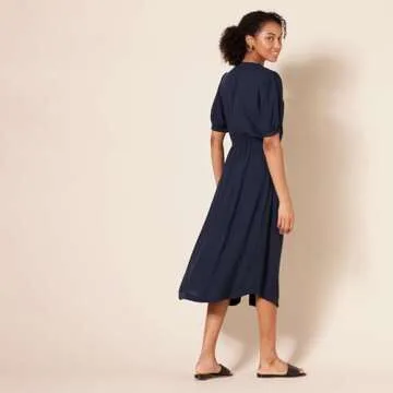 Amazon Essentials Women's Relaxed Fit Half-Sleeve Waisted Midi A-Line Dress, Navy, X-Large