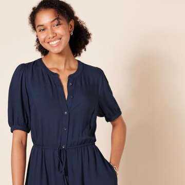 Amazon Essentials Women's Relaxed Fit Half-Sleeve Waisted Midi A-Line Dress, Navy, X-Large