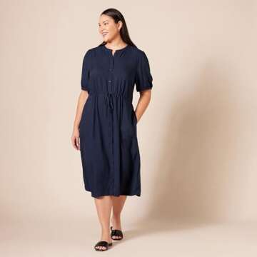 Amazon Essentials Women's Relaxed Fit Half-Sleeve Waisted Midi A-Line Dress, Navy, X-Large