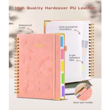 Hardcover Spiral Notebook Journal with Removable Dividers Tabs, 300 Pages Leather 5 Subject Notebook...