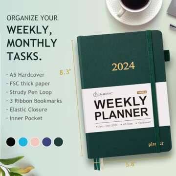 JUBTIC 2024 Planner, 2024 Weekly and Monthly Planner with Monthly Tabs, from January 2024 - December 2024, Stickers Included, A5(5.8"×8.5"), Hardcover,(Pine Green)