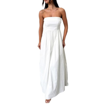 DURUNUL Women Summer Strapless Maxi Tube Dress 2024 Trendy Solid Pleated Flowy Dress Wedding Guest M...