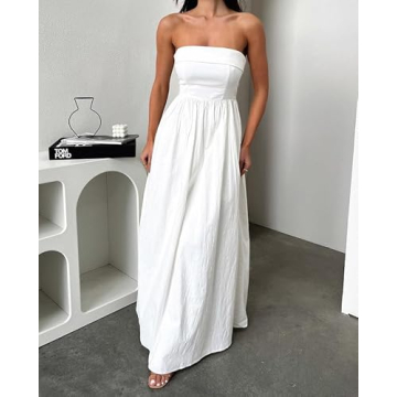 DURUNUL Women Summer Strapless Maxi Tube Dress 2024 Trendy Solid Pleated Flowy Dress Wedding Guest Maxi Dresses Party Club White