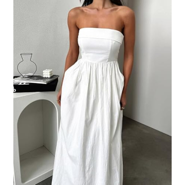 DURUNUL Women Summer Strapless Maxi Tube Dress 2024 Trendy Solid Pleated Flowy Dress Wedding Guest Maxi Dresses Party Club White