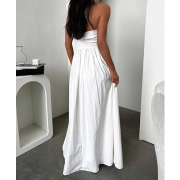 DURUNUL Women Summer Strapless Maxi Tube Dress 2024 Trendy Solid Pleated Flowy Dress Wedding Guest Maxi Dresses Party Club White
