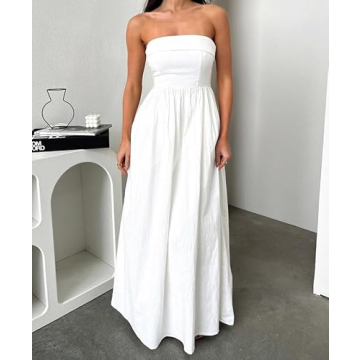 DURUNUL Women Summer Strapless Maxi Tube Dress 2024 Trendy Solid Pleated Flowy Dress Wedding Guest Maxi Dresses Party Club White