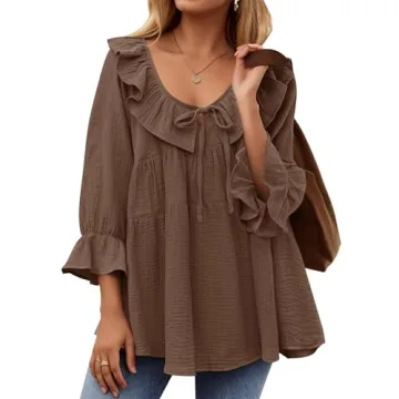 ZESICA Womens Scoop Neck 3/4 Length Sleeve Tops Casual Tie Front Ruffle Tiered Loose Tunic Shirts Bl...