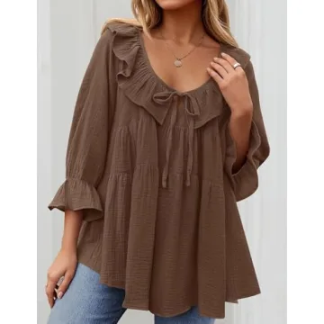 ZESICA Women's Casual Tie Front Ruffle Tunic in Brown