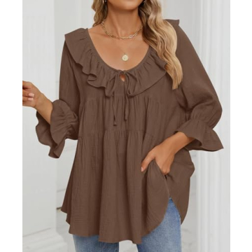ZESICA Women's Casual Tie Front Ruffle Tunic in Brown