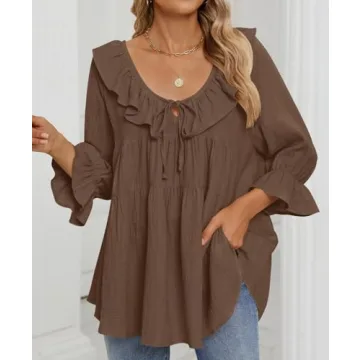 ZESICA Women's Casual Tie Front Ruffle Tunic in Brown