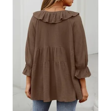 ZESICA Women's Casual Tie Front Ruffle Tunic in Brown