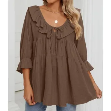 ZESICA Women's Casual Tie Front Ruffle Tunic in Brown