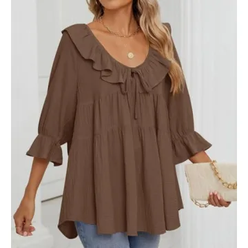 ZESICA Women's Casual Tie Front Ruffle Tunic in Brown
