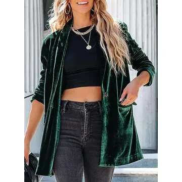 Happy Sailed Women Velvet Blazer Jackets Casual Long Sleeve Lapel Collar Pocketed Blazer Suits Work Outfits for Christmas Party Green X-Large