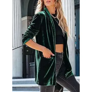 Happy Sailed Women Velvet Blazer Jackets Casual Long Sleeve Lapel Collar Pocketed Blazer Suits Work Outfits for Christmas Party Green X-Large