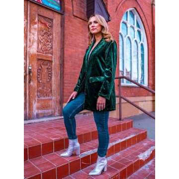Happy Sailed Women Velvet Blazer Jackets Casual Long Sleeve Lapel Collar Pocketed Blazer Suits Work Outfits for Christmas Party Green X-Large