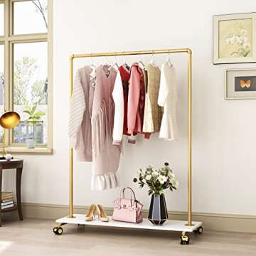 FONECHIN Gold Metal Clothing Rack with Wood Shelf, Heavy Duty Rolling Garment Rack with Wheels for B...