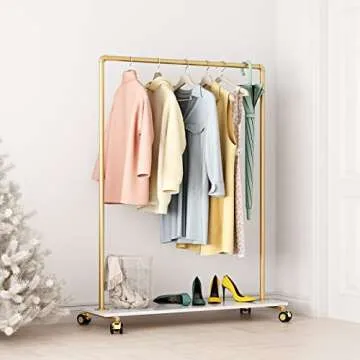 FONECHIN Gold Metal Clothing Rack with Wood Shelf, Heavy Duty Rolling Garment Rack with Wheels for Bedroom Retail Boutique Use (49.21L inches)