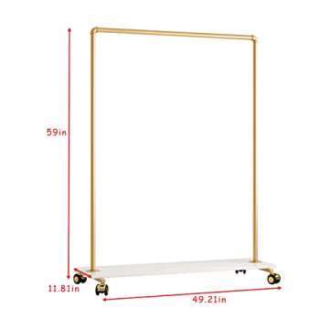 FONECHIN Gold Metal Clothing Rack with Wood Shelf, Heavy Duty Rolling Garment Rack with Wheels for Bedroom Retail Boutique Use (49.21L inches)