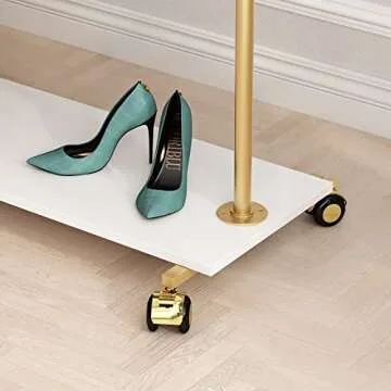 FONECHIN Gold Metal Clothing Rack with Wood Shelf, Heavy Duty Rolling Garment Rack with Wheels for Bedroom Retail Boutique Use (49.21L inches)