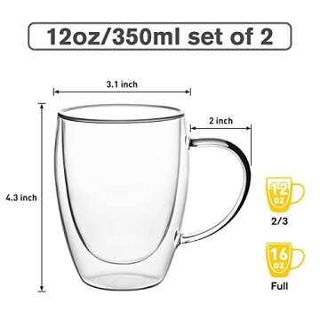 COMOOO Double Walled Glass Coffee Mugs Glass Mug With Handles Double Wall Cappuccino Cups, 12oz Of Set 2 Coffee tea Mugs, Clear Glasses With Handle