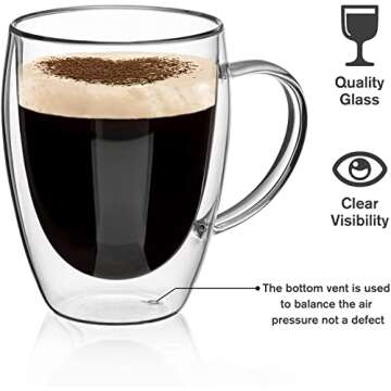COMOOO Double Walled Glass Coffee Mugs Glass Mug With Handles Double Wall Cappuccino Cups, 12oz Of Set 2 Coffee tea Mugs, Clear Glasses With Handle