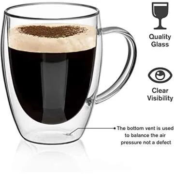 COMOOO Double Walled Glass Coffee Mugs Glass Mug With Handles Double Wall Cappuccino Cups, 12oz Of Set 2 Coffee tea Mugs, Clear Glasses With Handle