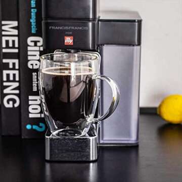 COMOOO Double Walled Glass Coffee Mugs Glass Mug With Handles Double Wall Cappuccino Cups, 12oz Of Set 2 Coffee tea Mugs, Clear Glasses With Handle