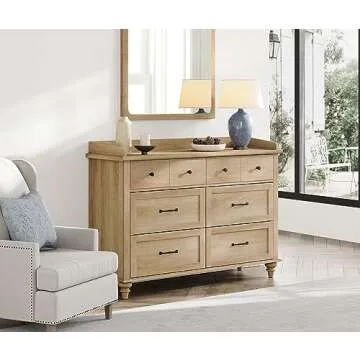 WAMPAT Dresser for Bedroom with 6 Drawers, Kids Dressers with Wide Chest of Drawers, Mid Century Modern Wooden Closet Storage Organizer for Living Room, Nursery, Hallway, Rustic Oak