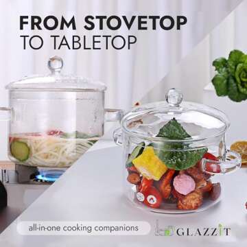 Glazzit Glass Cooking Pot - 1.5L/1.6 Quarts Glass Saucepan with Cover - Heat-Resistant Clear Glass S...
