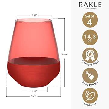 RAKLE Stemless Wine Glasses – Red Wine Glasses Set of 4 – 14.3oz Colorful Wine Glasses – Lead-...