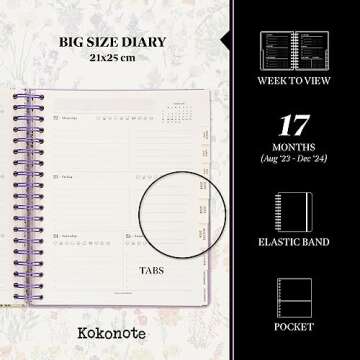 Kokonote Wild Flowers Diary 2024 | 17 Months Week To View | For Students & Professionals