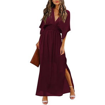 Meenew Women's High Waist Maxi Flowy Dress Deep V Neck Boho Dress Ruby S