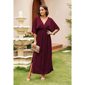 Meenew Women's High Waist Maxi Flowy Dress Deep V Neck Boho Dress Ruby S