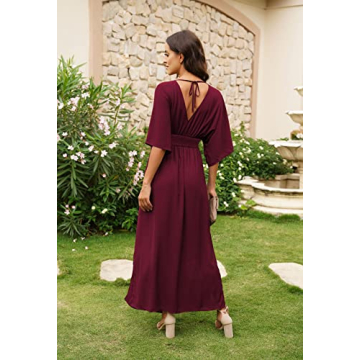 Meenew Women's High Waist Maxi Flowy Dress Deep V Neck Boho Dress Ruby S