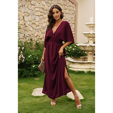 Meenew Women's High Waist Maxi Flowy Dress Deep V Neck Boho Dress Ruby S