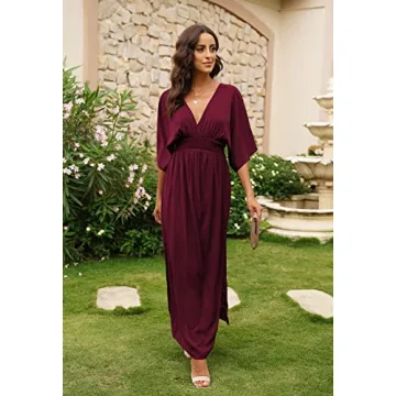 Meenew Women's High Waist Maxi Flowy Dress Deep V Neck Boho Dress Ruby S