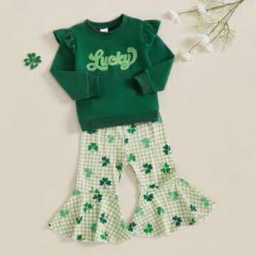 DNOMAID YZARC Toddler Baby Girl St Patricks Day Outfit Letter Clover Long Sleeve Sweatshirt Bell Bot...