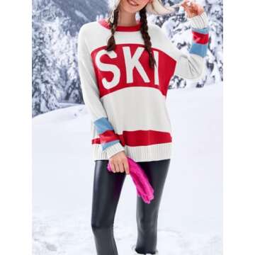 Saodimallsu Womens Color Block Oversized Sweater Ski Print Winter Trendy Crew Neck Long Sleeve Pullo...