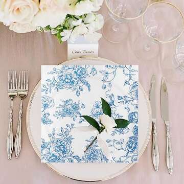100 Pack Blue Floral Cocktail Napkins, Guest Hand Towels Disposable for Bathroom, Blue Floral Paper Napkins for Bridal and Baby Shower, Tea Party, Garden Party, Birthday Party | 5” Fancy Paper Napkins