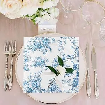 100 Pack Blue Floral Cocktail Napkins, Guest Hand Towels Disposable for Bathroom, Blue Floral Paper Napkins for Bridal and Baby Shower, Tea Party, Garden Party, Birthday Party | 5” Fancy Paper Napkins