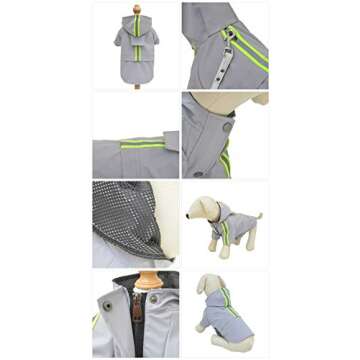 Fashion Hooded Pet Dog Raincoat, Lightweight Dog Rain Jacket Zipper Closure Rain Poncho with Reflective Strip for English Bulldog American Pitbull Gray B-L