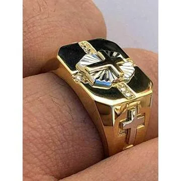 HarlemBling Solid 925 Sterling Silver - Men's Cross Ring W. 14k Gold Finish - Religious Christian Ring For Men - Pinky Or Any Finger Sz 7-13 Icy Diamond Cut (12)